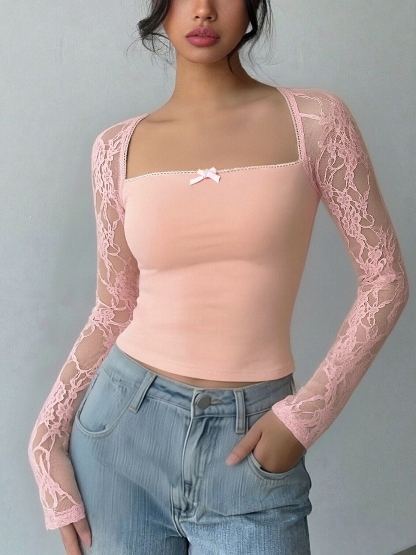 Lace Sleeve Square Neck Top