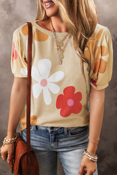 Explore More Collection - Flower Round Neck Short Sleeve Blouse