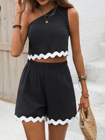 Explore More Collection - Contrast Trim Single Shoulder Top and Shorts Set