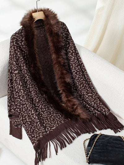 Explore More Collection - Fringe Leopard Open Front Long Sleeve Poncho