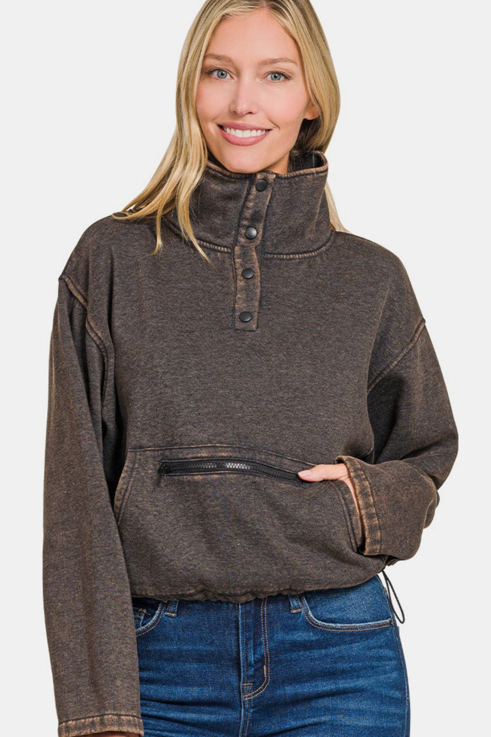 Explore More Collection - Zenana Acid Wash Fleece Half Snap Sweatshirt with Pocket
