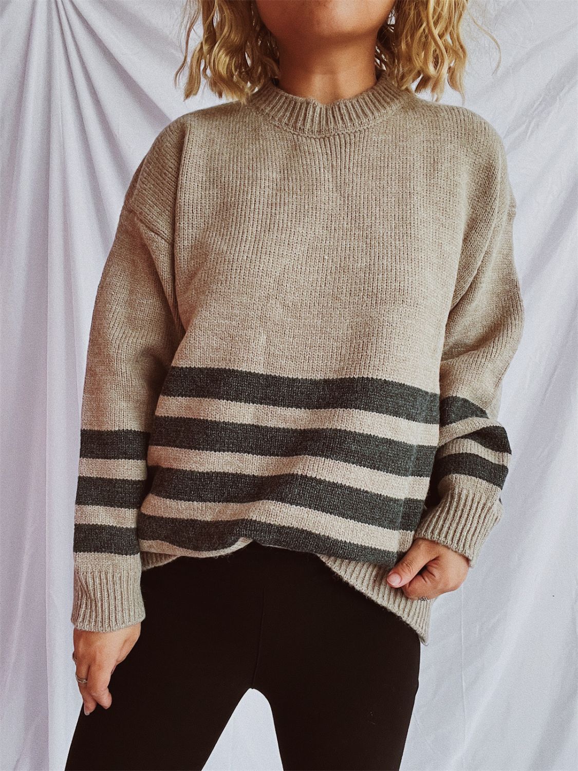 Explore More Collection - Striped Dropped Shoulder Long Sleeve Sweater