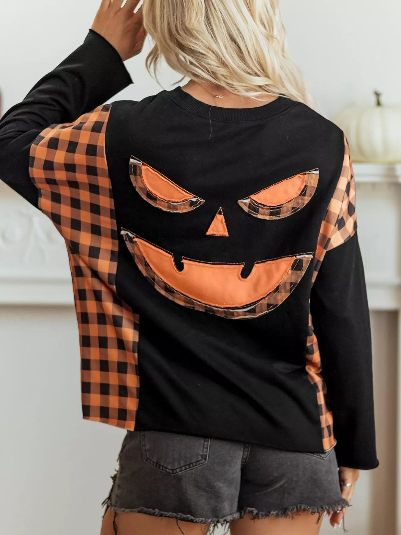 Patchwork Plaid Pumpkin Face Long Sleeve Top