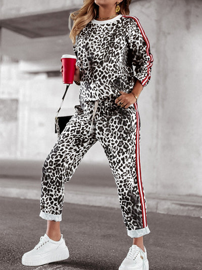 Explore More Collection - Leopard Round Neck Long Sleeve Top and Pants Set