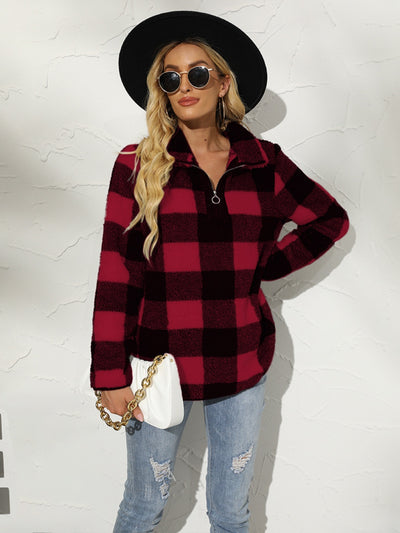 Explore More Collection - Shiny Plaid Half Zip Long Sleeve Sweatshirt