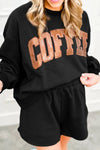 Explore More Collection - COFFEE Sequin Round Neck Long Sleeve Top and Shorts Set