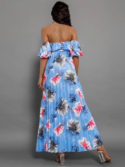 Explore More Collection - Pleated Floral Off-Shoulder Short Sleeve Midi Dress