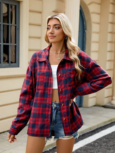 Explore More Collection - Plaid Collared Neck Long Sleeve Shirt