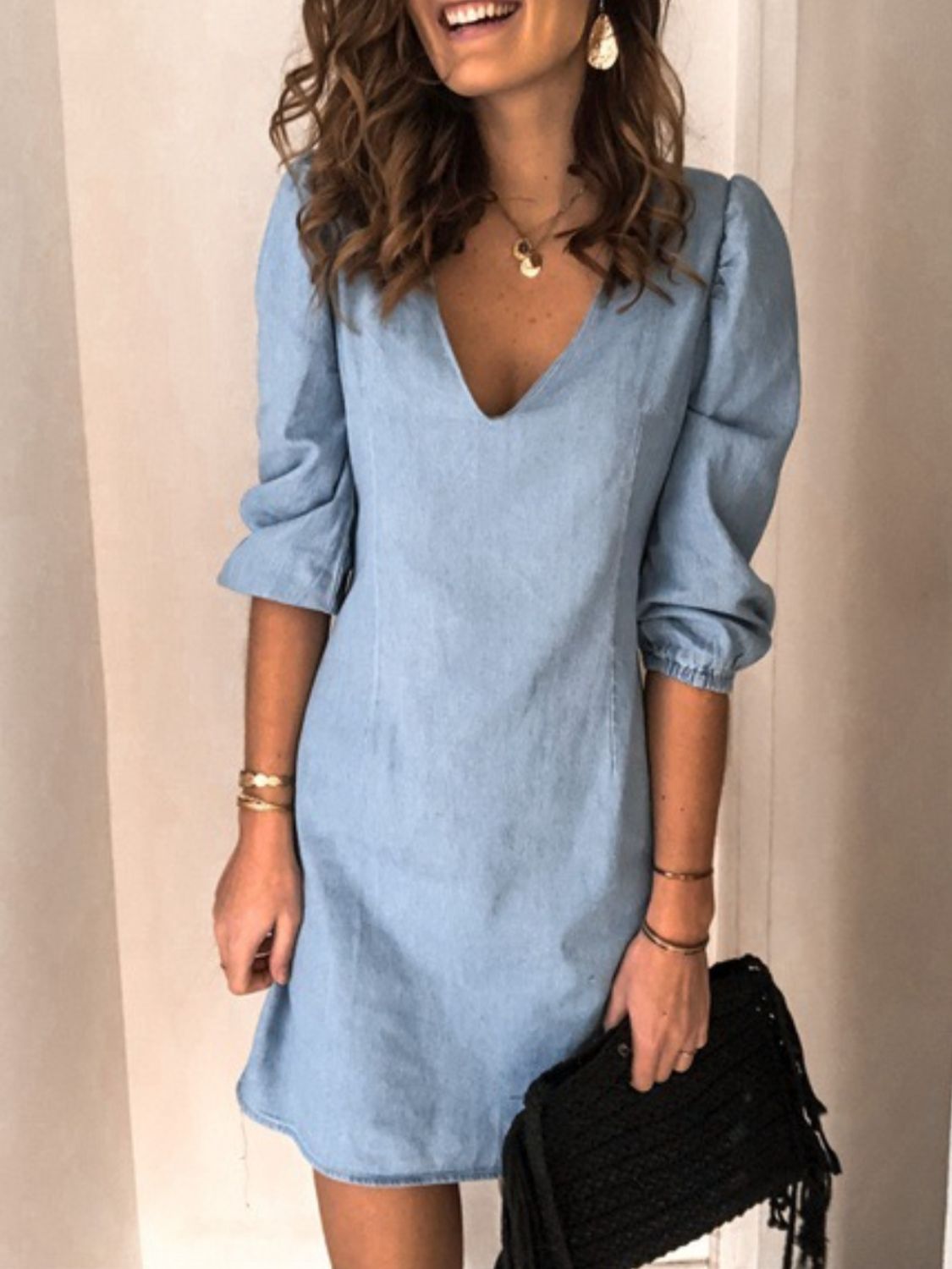 Explore More Collection - Full Size V-Neck Half Sleeve Denim Dress