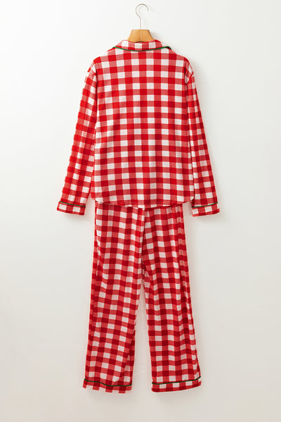 Explore More Collection - Plaid Collared Neck Long Sleeve Top and Pants Set