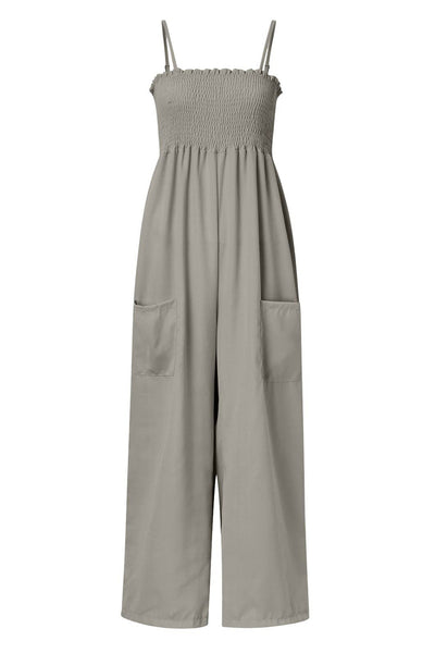 Explore More Collection - Smocked Spaghetti Strap Wide Leg Jumpsuit