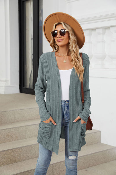 Explore More Collection - Pocketed Open Front Long Sleeve Cardigan