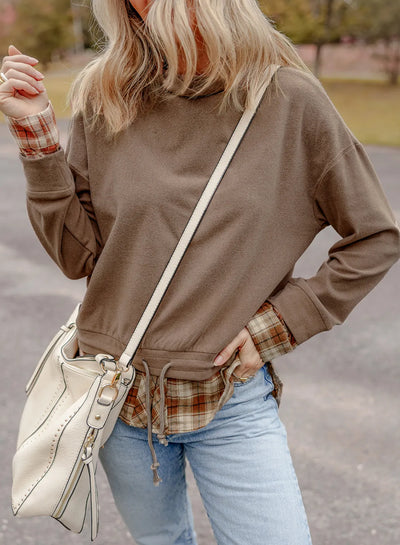 Explore More Collection - Drawstring Plaid Turtleneck Long Sleeve Top