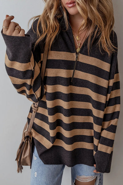 Explore More Collection - Striped Half Zip Long Sleeve Knit Top