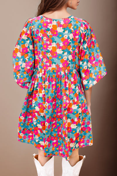 Explore More Collection - Floral Tie Neck Puff Sleeve Mini Dress