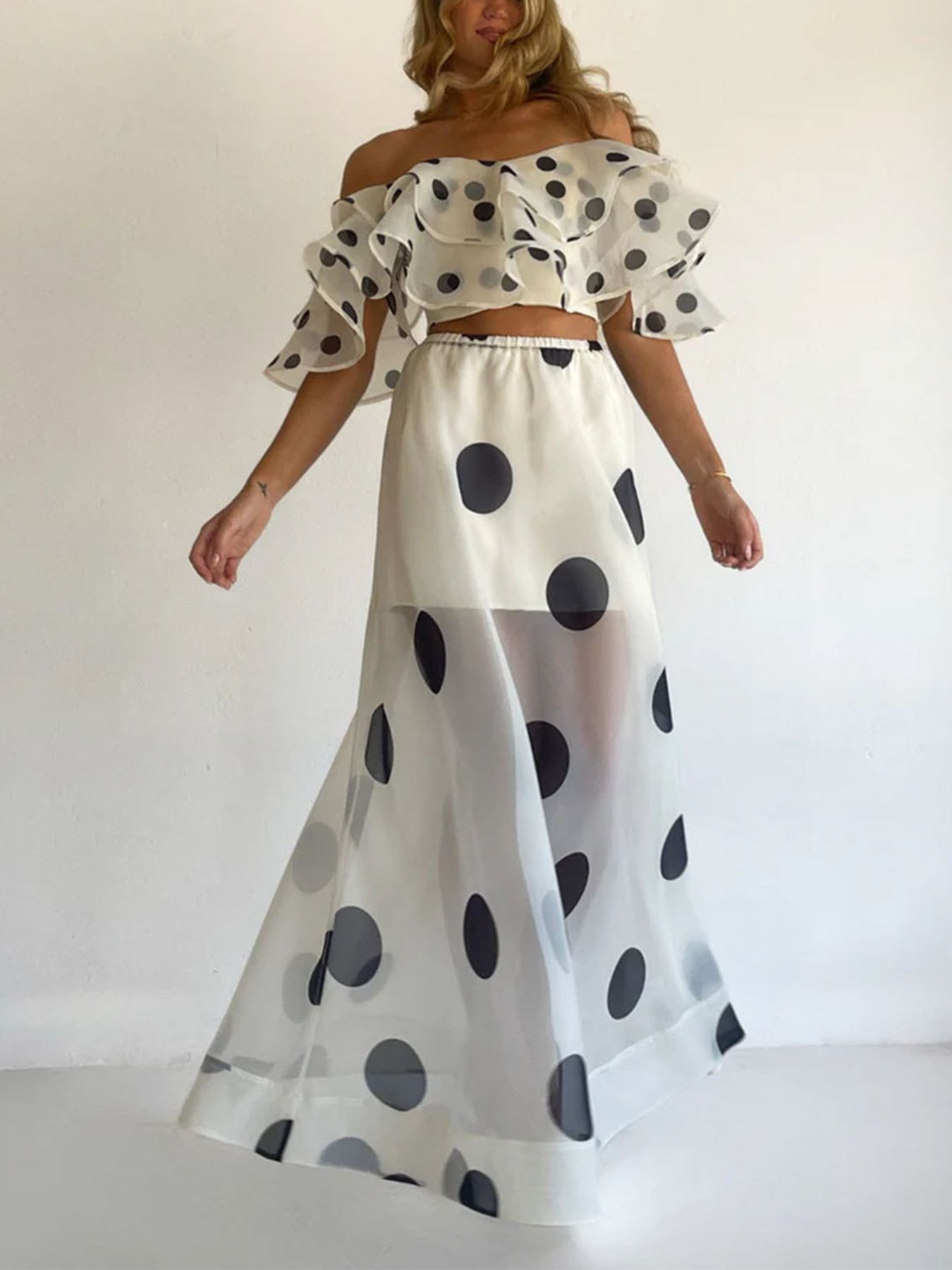 Polka Dot Ruffle Crop Top and Maxi Skirt Set