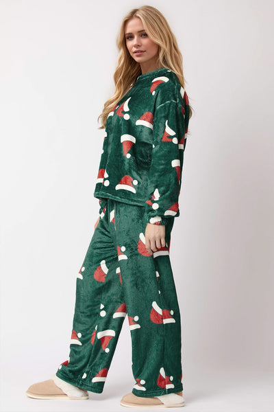 Explore More Collection - Christmas Hat Pattern Round Neck Long Sleeve Top and Pants Set