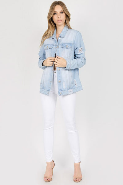 Explore More Collection - American Bazi Letter Patched Distressed Denim Jacket