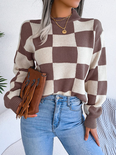 Explore More Collection - Checkered Mock Neck Long Sleeve Sweater