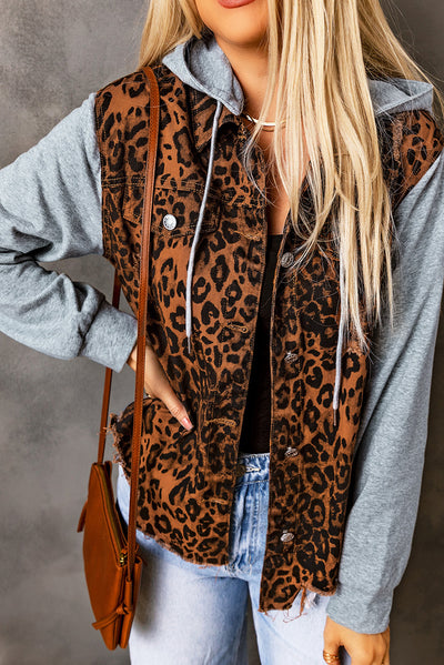 Explore More Collection - Leopard Distressed Drawstring Hooded Denim Jacket