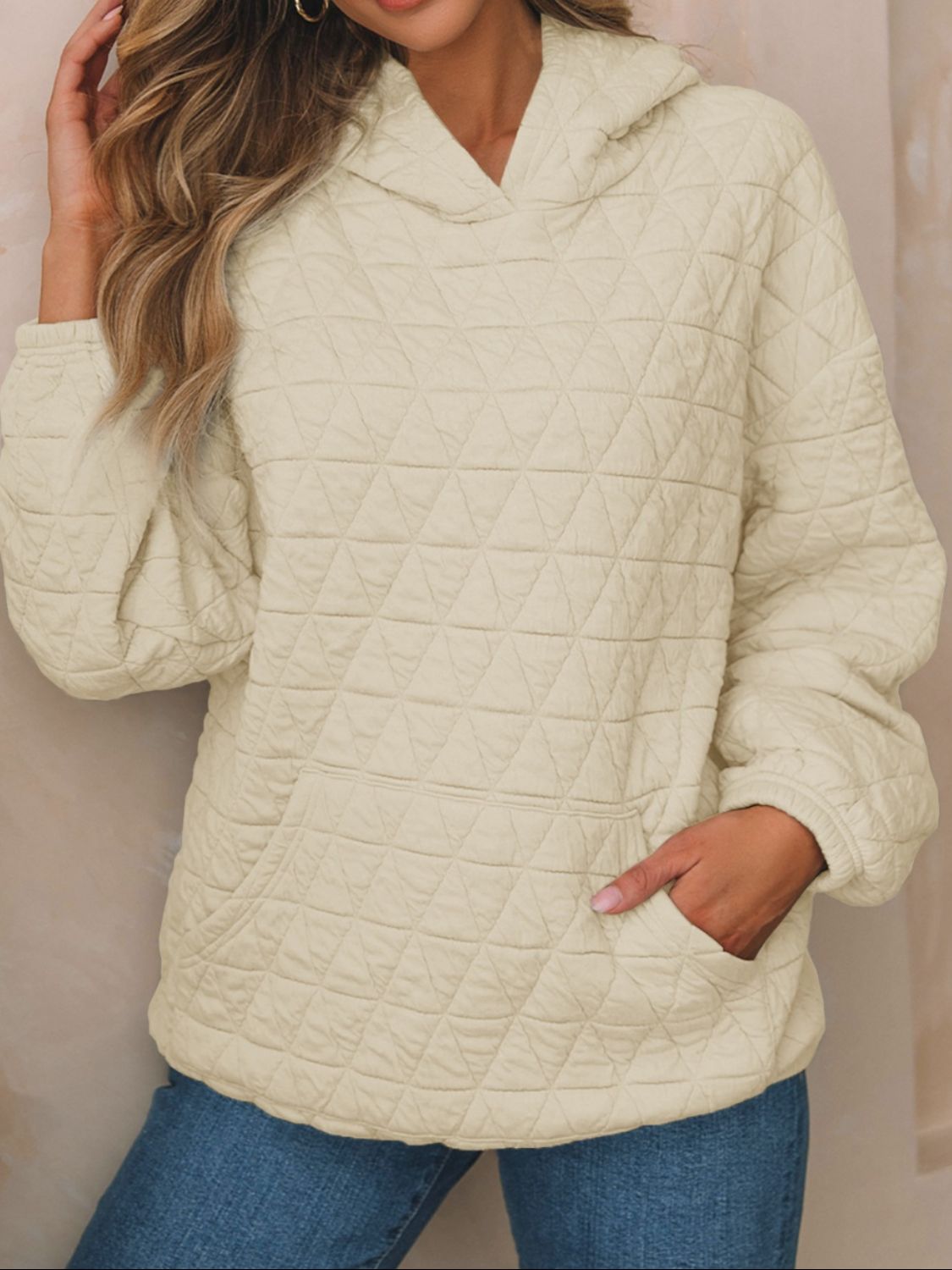 Explore More Collection - Textured Long Sleeve Hoodie with Pockets