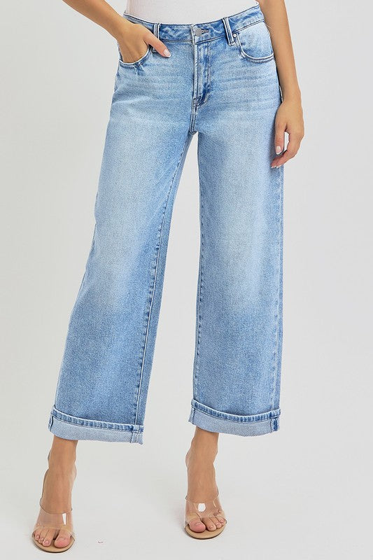 Explore More Collection - RISEN Full Size Ankle Wide Leg Cuffed Jeans Plus Size