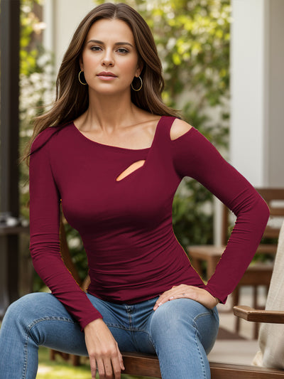 Explore More Collection - Cutout Asymmetrical Neck Long Sleeve T-Shirt