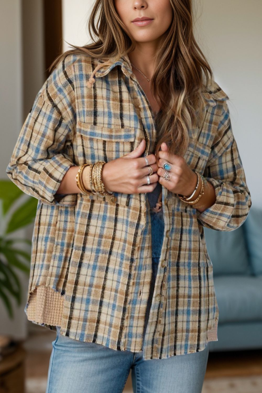 Explore More Collection - Drawstring Plaid Button Up Hooded Shacket