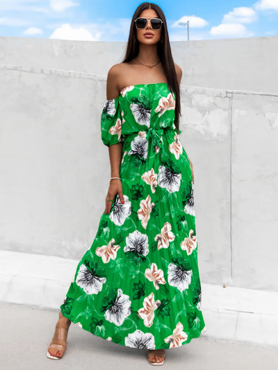 Explore More Collection - Pleated Floral Off-Shoulder Short Sleeve Midi Dress