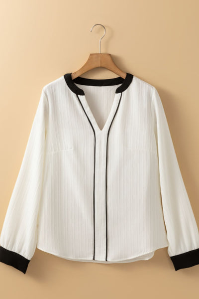 Explore More Collection - Contrast Notched Long Sleeve Blouse