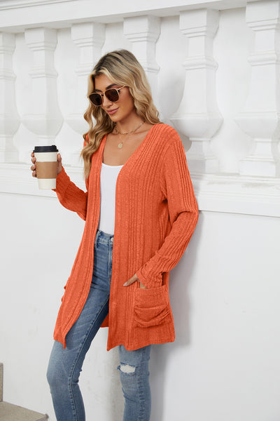 Explore More Collection - Pocketed Open Front Long Sleeve Cardigan