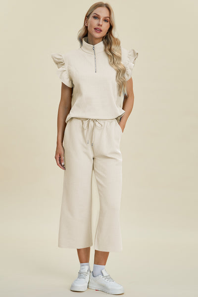 Explore More Collection - Double Take Full Size Texture Ruffle Short Sleeve Top and Wide Leg Pants Set