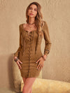 Explore More Collection - Fringe Lace Up Square Neck Long Sleeve Mini Dress