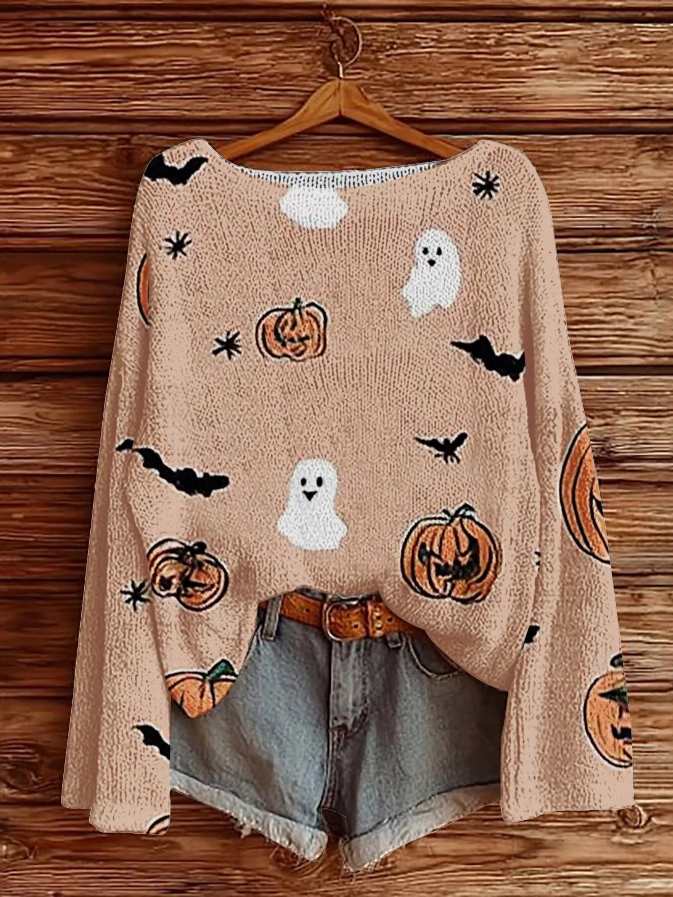 Full Size Halloween Graphic Boat Neck Sweater Plus Size