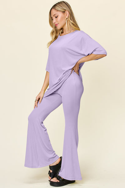 Explore More Collection - Double Take Full Size Round Neck Drop Shoulder T-Shirt and Flare Pants Set