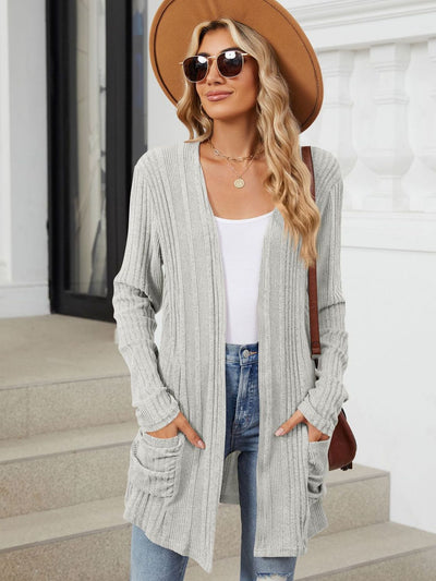 Explore More Collection - Pocketed Open Front Long Sleeve Cardigan