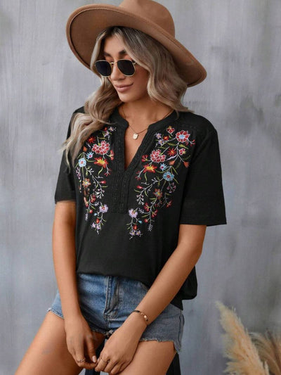 Explore More Collection - Embroidered Notched Short Sleeve T-Shirt