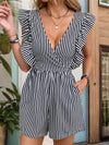 Explore More Collection - Ruffled Striped Surplice Cap Sleeve Romper