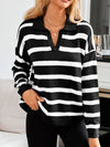 Explore More Collection - Many Striped Johnny Collar Long Sleeve Sweater