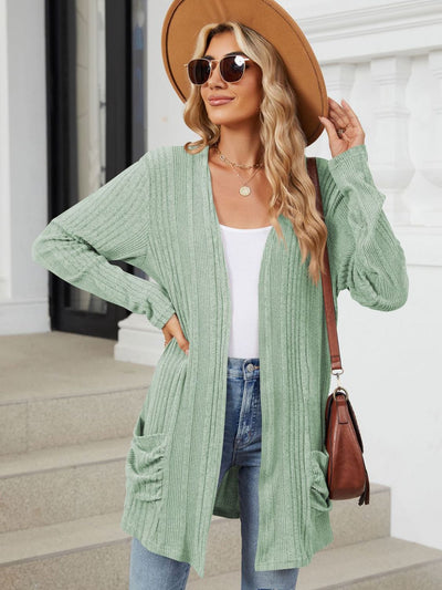 Explore More Collection - Pocketed Open Front Long Sleeve Cardigan