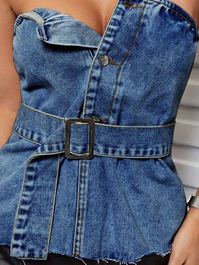 Explore More Collection - Buttoned Raw Hem Tube Denim Top