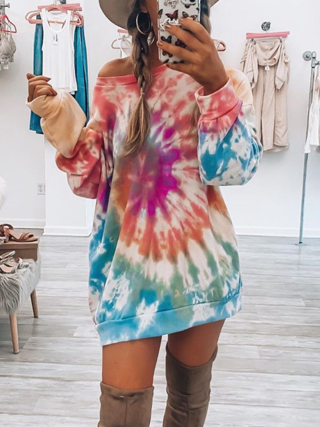 Explore More Collection - Full Size Tie-Dye Round Neck Long Sleeve Dress