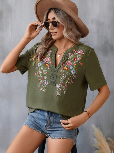 Explore More Collection - Embroidered Notched Short Sleeve T-Shirt