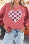 Explore More Collection - Valentine’s Day Sequin Checkered Heart Long Sleeve Sweatshirt