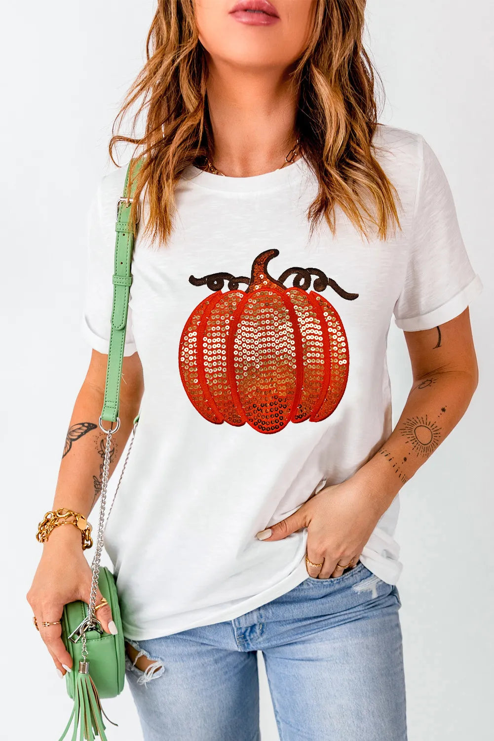 Explore More Collection - Full Size Sequin Pumpkin Round Neck Short Sleeve T-Shirt