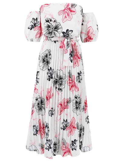 Explore More Collection - Pleated Floral Off-Shoulder Short Sleeve Midi Dress