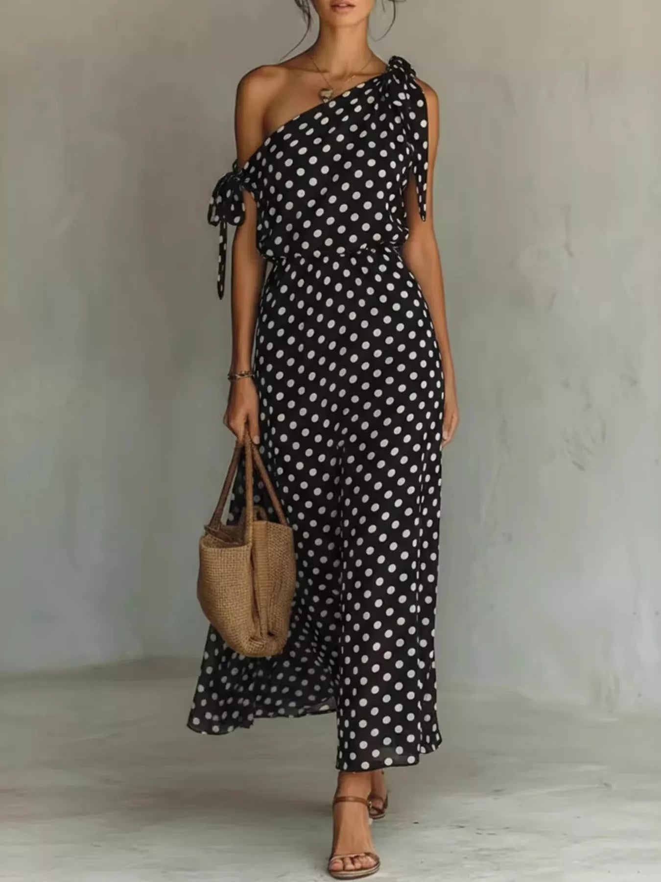 maxi lizzie dress 4xl Full Size Polka Dot One-Shoulder Maxi Dress Plus Size