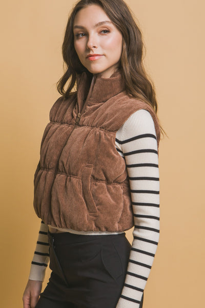 Explore More Collection - Love Tree Corduroy Zip Up Puffer Vest with Pockets