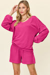 Explore More Collection - Double Take Full Size Texture V-Neck Long Sleeve T-Shirt and Shorts Set