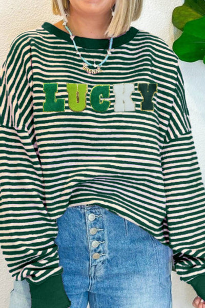 Explore More Collection - LUCKY Striped Round Neck Long Sleeve Sweatshirt